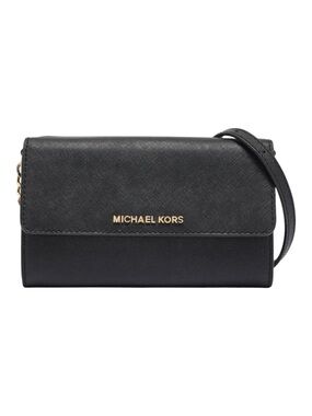 Michael Kors Black Jet Set Saffino Leather Gold Chain Crossbody Wallet Bag